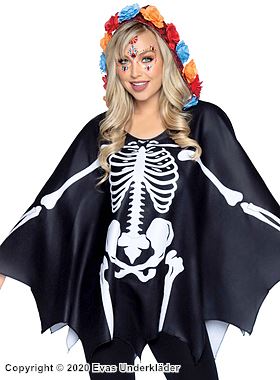 Dödsdagen, maskerad-poncho med blommor och huva, skelett